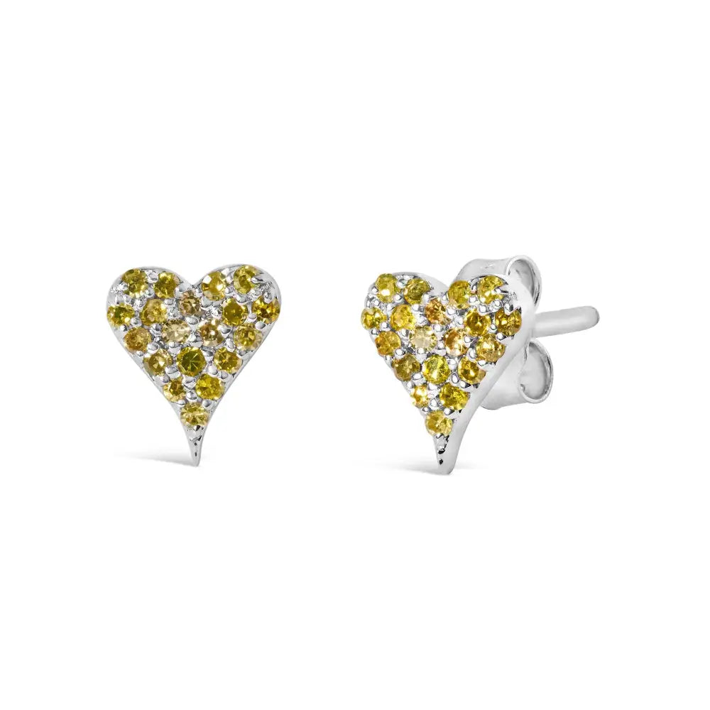 925 Sterling Silver 1/10 Cttw Yellow Diamond Heart Shaped Stud Earrings (yellow Color I3 Clarity) - Fine Jewelry