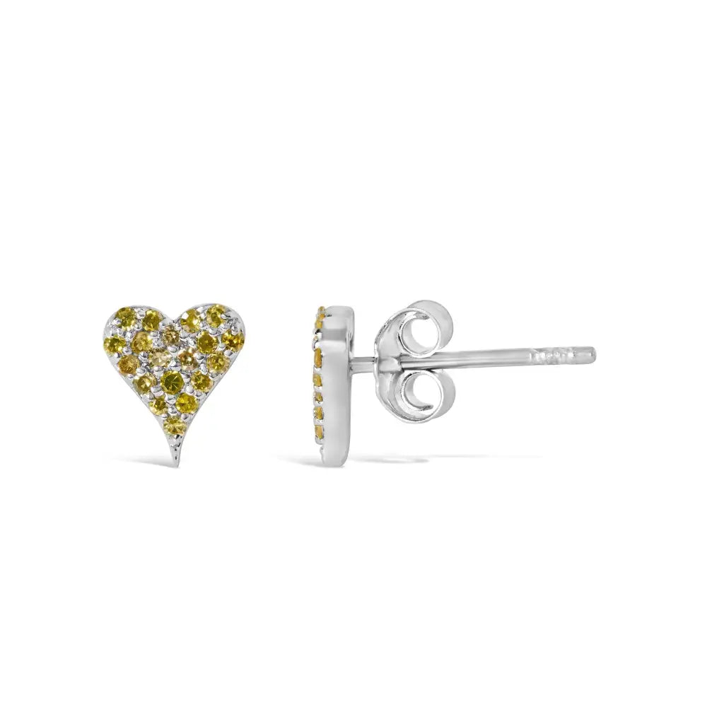 925 Sterling Silver 1/10 Cttw Yellow Diamond Heart Shaped Stud Earrings (yellow Color I3 Clarity) - Fine Jewelry