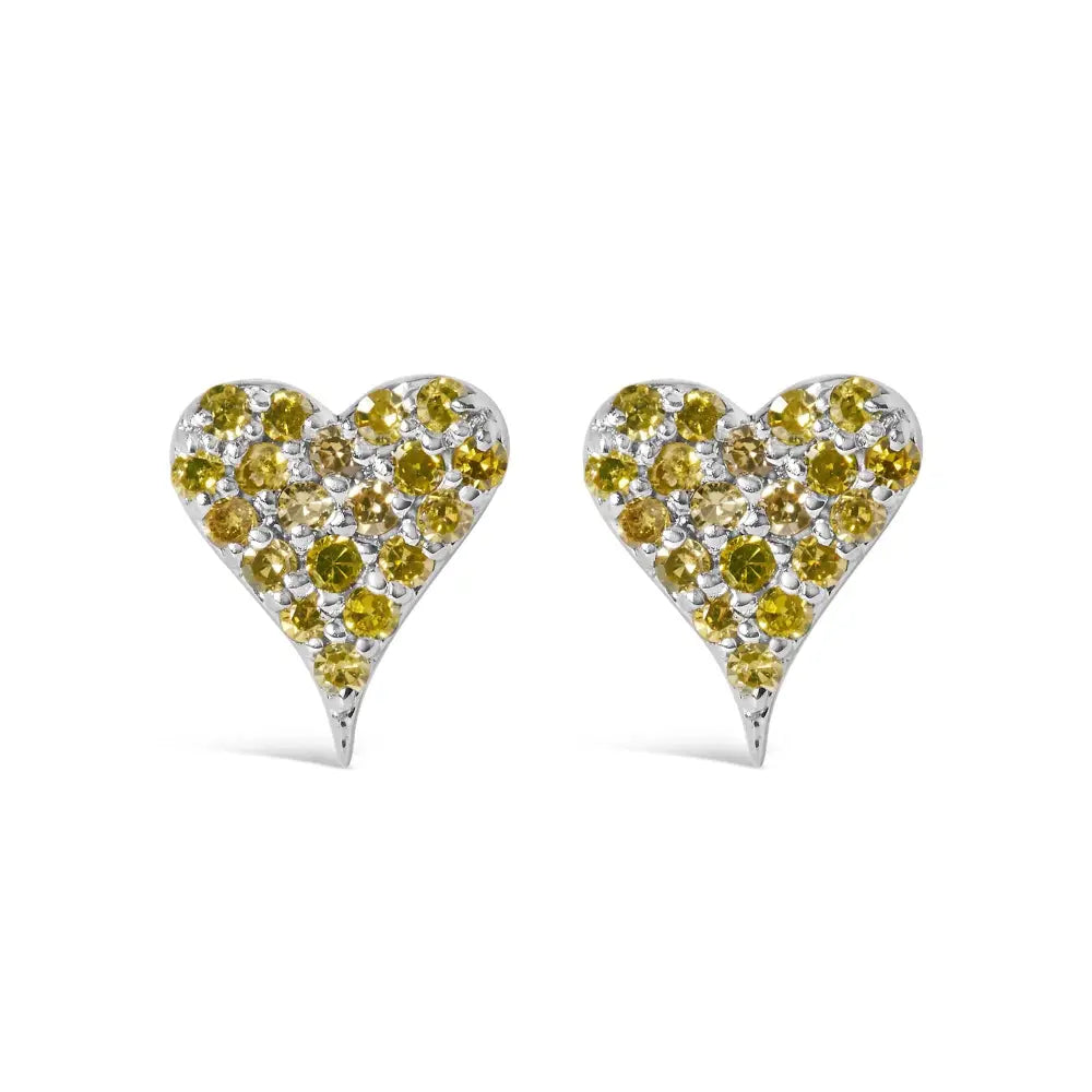 925 Sterling Silver 1/10 Cttw Yellow Diamond Heart Shaped Stud Earrings (yellow Color I3 Clarity) - Fine Jewelry