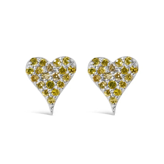 925 Sterling Silver 1/10 Cttw Yellow Diamond Heart Shaped Stud Earrings (yellow Color I3 Clarity) - Fine Jewelry