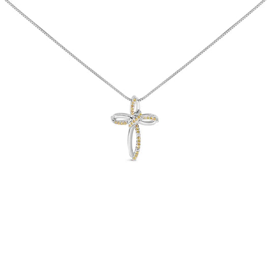 .925 Sterling Silver 1/10 Cttw Yellow Diamond Swirl Ribbon and Cross Pendant Necklace (yellow Color I3 Clarity) - Fine