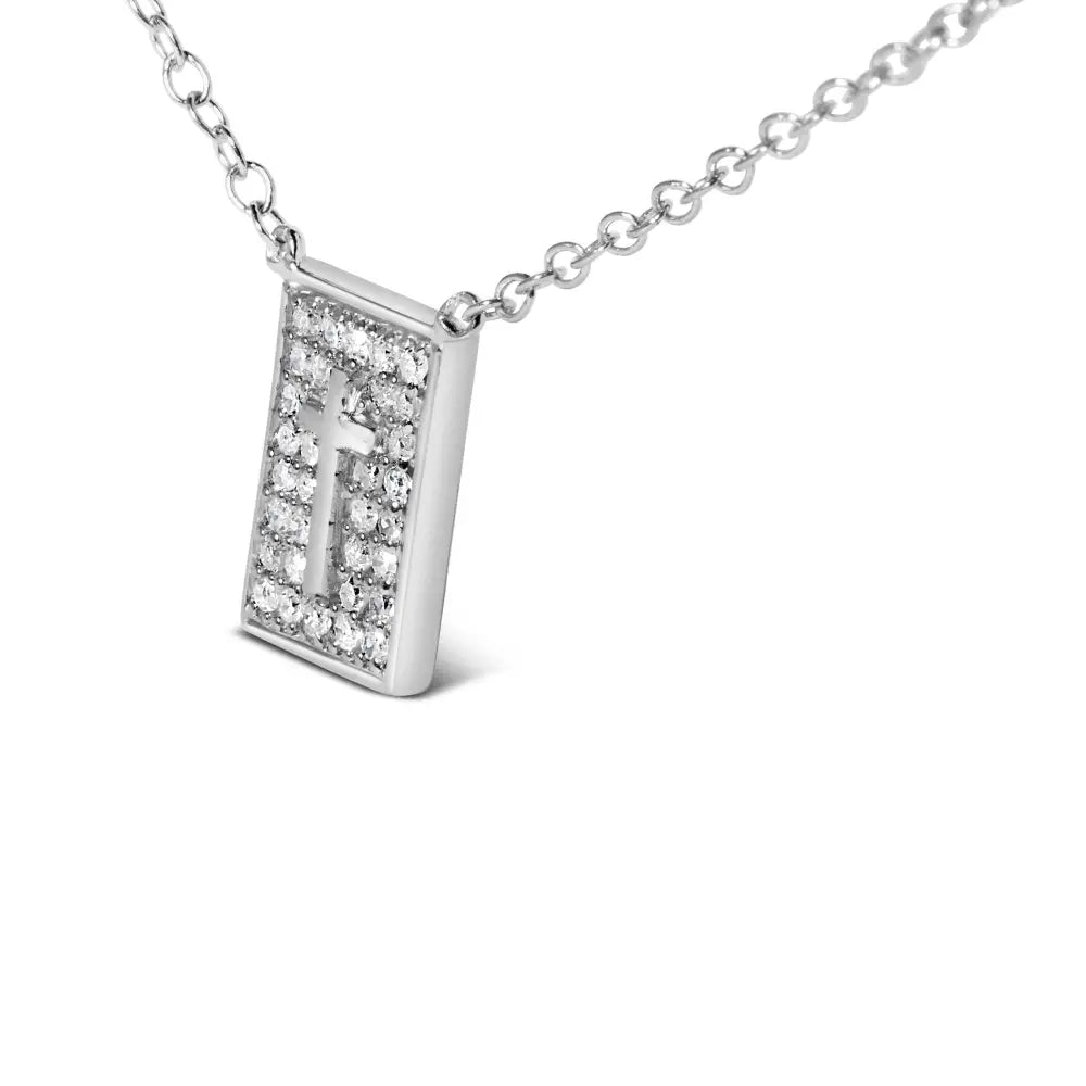 .925 Sterling Silver 1/10 Ctw Diamond Inlaid Cross Dog Tag Pendant Necklace (h-i Color I1-i2 Clarity) - 18’’ - Fine