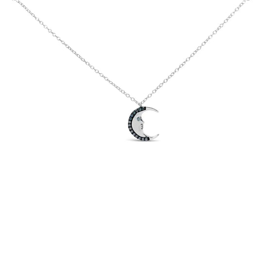 .925 Sterling Silver 1/10ct Blue Diamond Crescent Man on the Moon 18’’ Pendant Necklace (blue Color Si1-si2