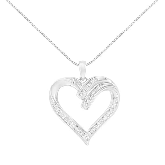 .925 Sterling Silver 1/2 Cttw Channel Set Round and Baguette Cut Diamond Open Heart 18’’ Pendant Necklace (i-j