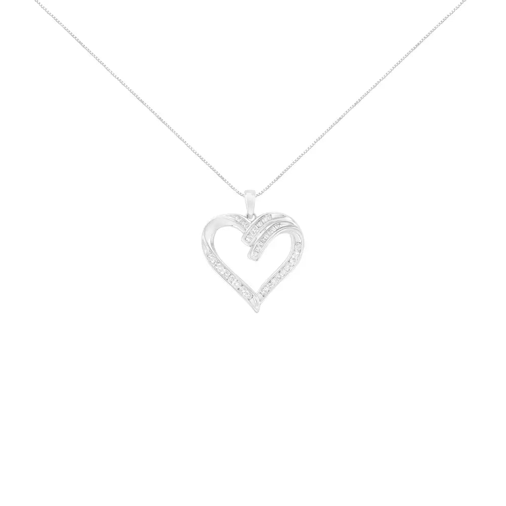 .925 Sterling Silver 1/2 Cttw Channel Set Round and Baguette Cut Diamond Open Heart 18’’ Pendant Necklace (i-j