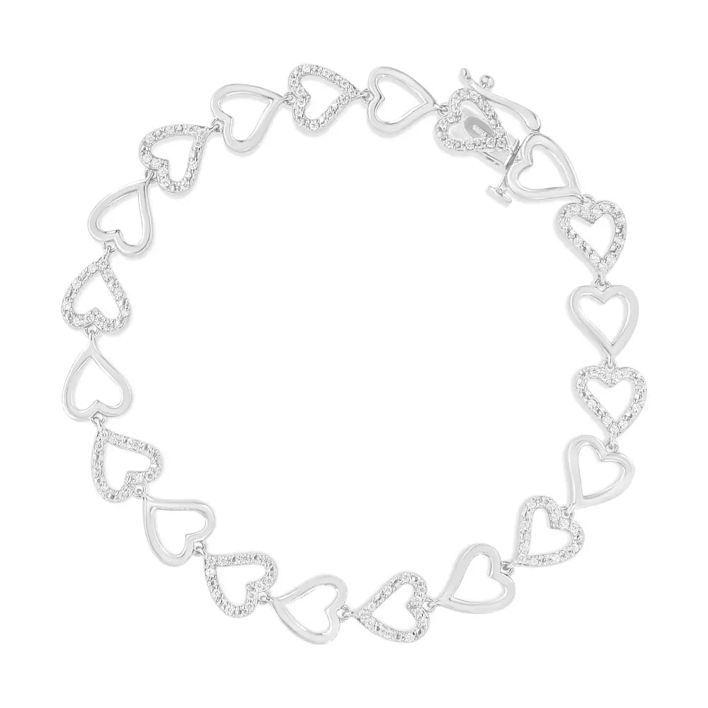 .925 Sterling Silver 1/2 Cttw Diamond Alternating Heart Link Bracelet (i-j Color I2-i3 Clarity)- Size 7.25’’ Inches