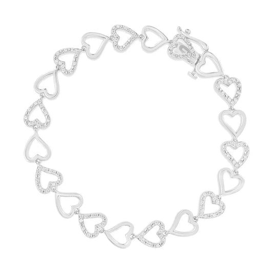 .925 Sterling Silver 1/2 Cttw Diamond Alternating Heart Link Bracelet (i-j Color I2-i3 Clarity)- Size 7.25’’ Inches