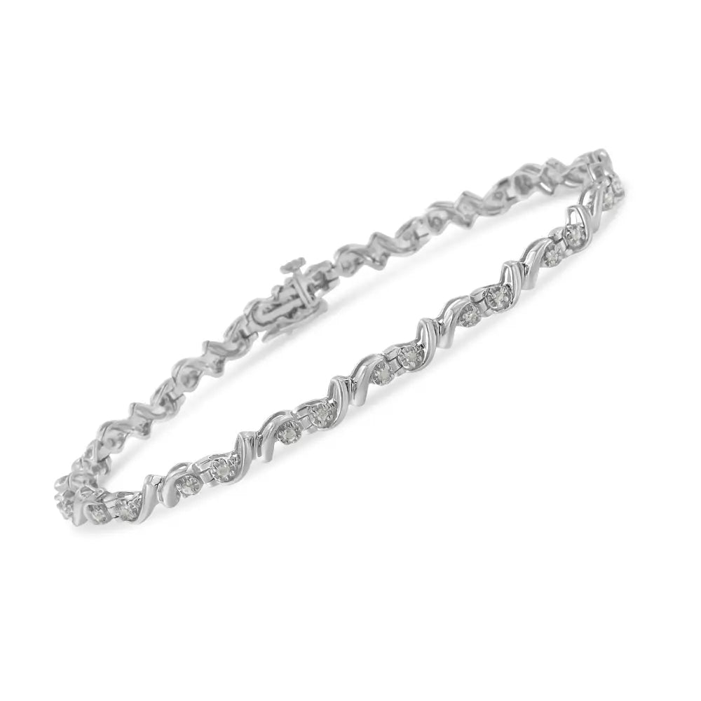 .925 Sterling Silver 1/2 Cttw Diamond Contoured Double Wave Link 7’’ Tennis Bracelet (i-j Color I3 Clarity) - Fine