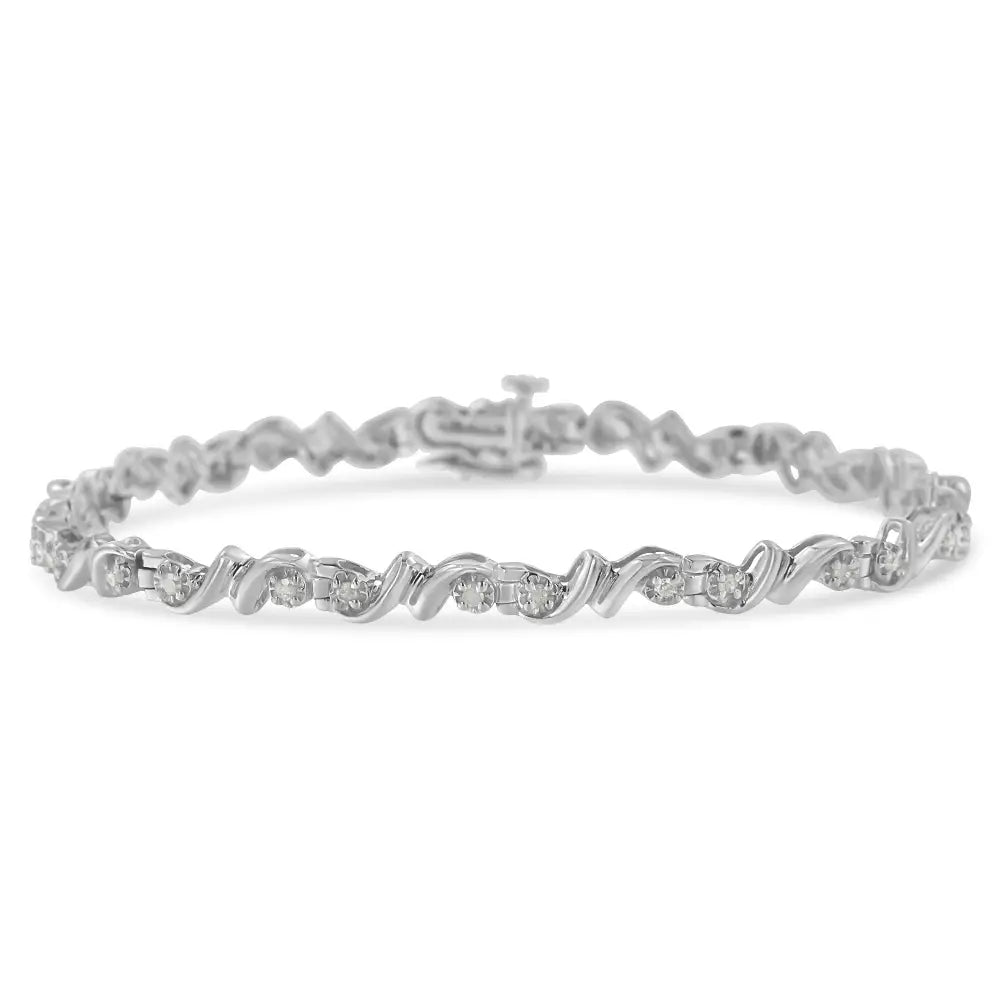 .925 Sterling Silver 1/2 Cttw Diamond Contoured Double Wave Link 7’’ Tennis Bracelet (i-j Color I3 Clarity) - Fine