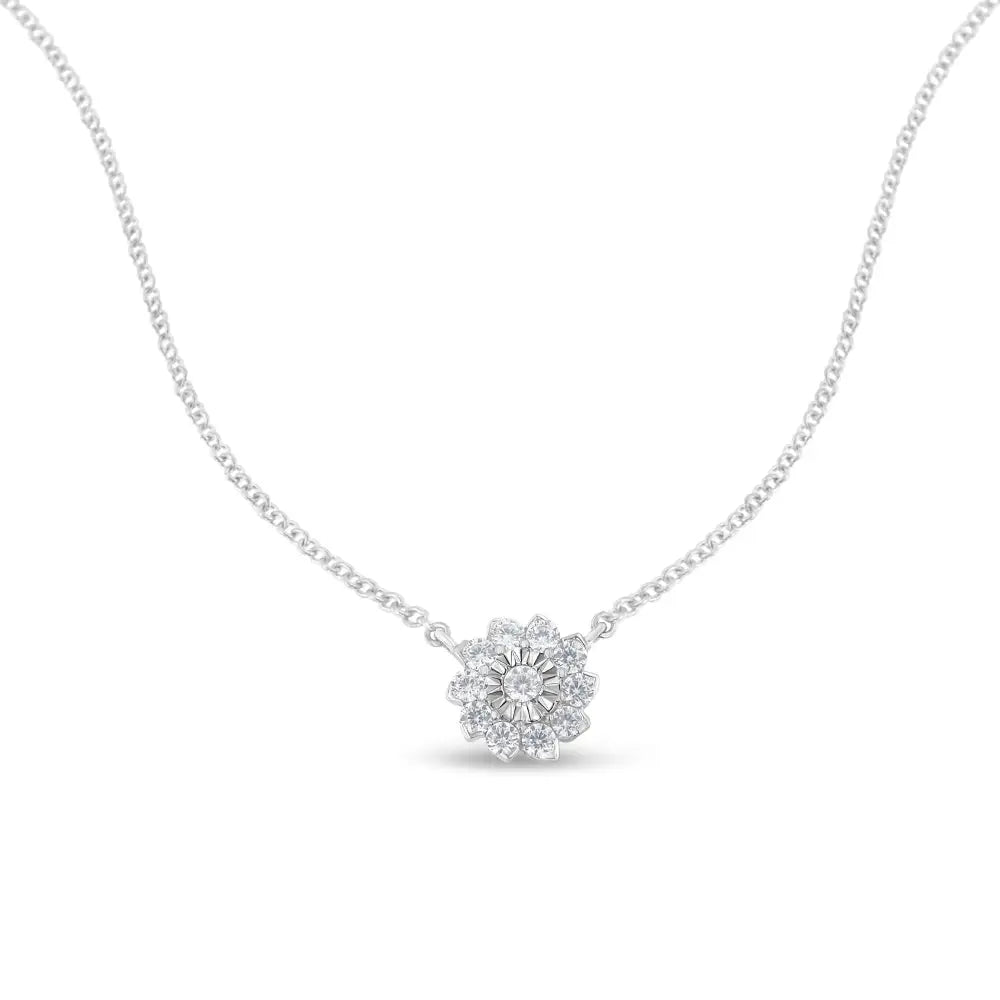 .925 Sterling Silver 1/2 Cttw Diamond Miracle Set Flower Cluster Pendant Necklace with Cable Chain (i-j Color I1-i2