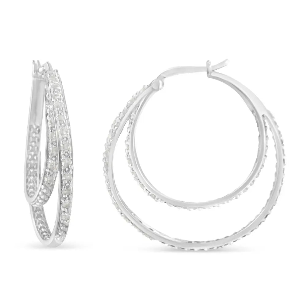 .925 Sterling Silver 1/2 Cttw Miracle-set Diamond Double Hoop with Latchback Earrings (i-j Color I3 Clarity) - Fine