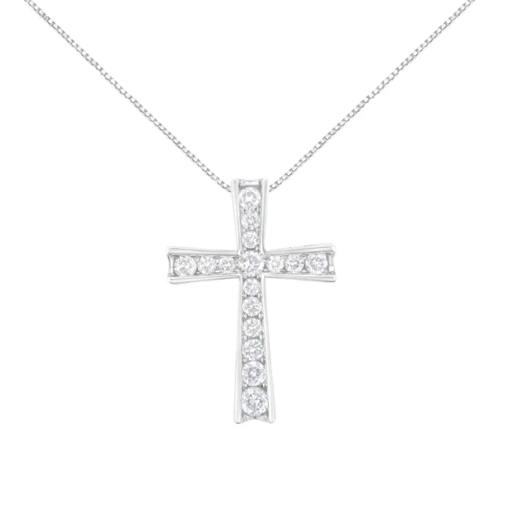 .925 Sterling Silver 1/2 Cttw Prong-set Round-cut Diamond Inlay Style Cross 18’’ Pendant Necklace (i-j Color I2-i3