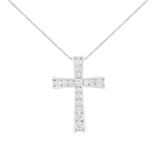 .925 Sterling Silver 1/2 Cttw Prong-set Round-cut Diamond Inlay Style Cross 18’’ Pendant Necklace (i-j Color I2-i3