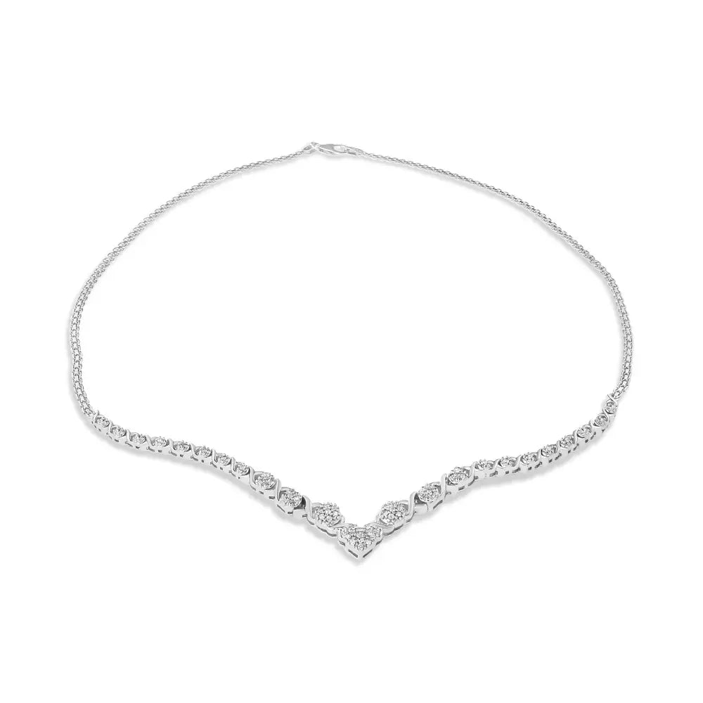 .925 Sterling Silver 1/2 Cttw Prong Set Round Diamond Graduated Cluster and Heart Center 18’’ Statement Necklace