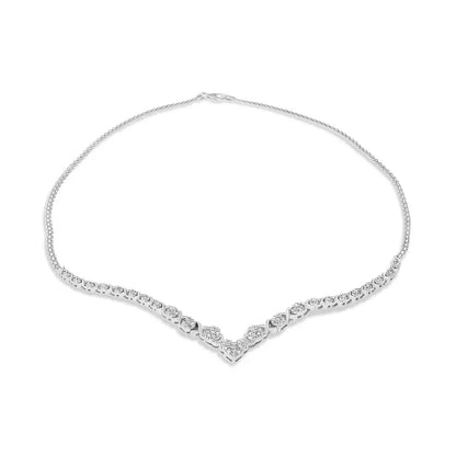 .925 Sterling Silver 1/2 Cttw Prong Set Round Diamond Graduated Cluster and Heart Center 18’’ Statement Necklace