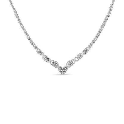 .925 Sterling Silver 1/2 Cttw Prong Set Round Diamond Graduated Cluster and Heart Center 18’’ Statement Necklace