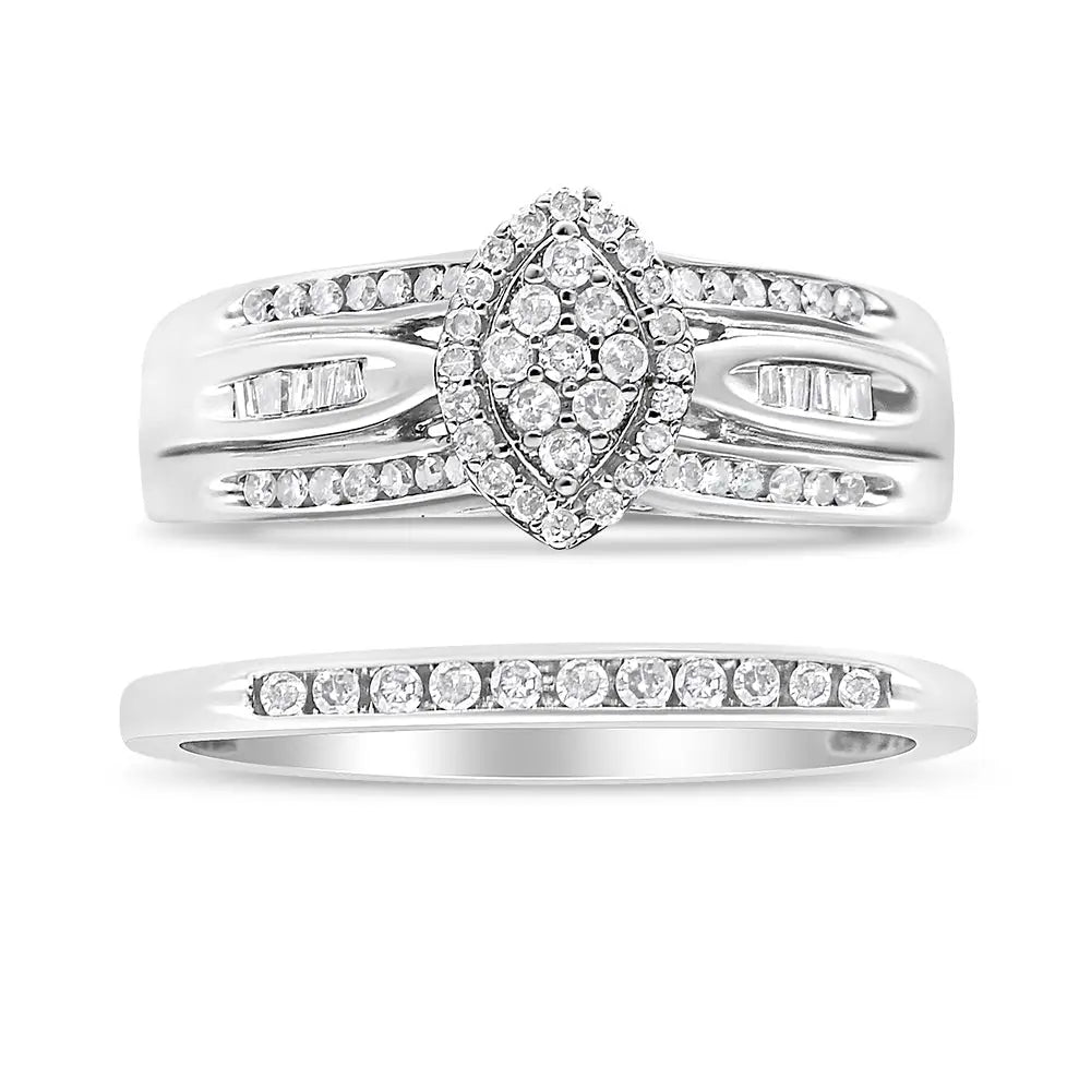 .925 Sterling Silver 1/2 Cttw Round and Baguette-cut Diamond Engagement Bridal Set (i-j Color I1-i2 Clarity) - Fine