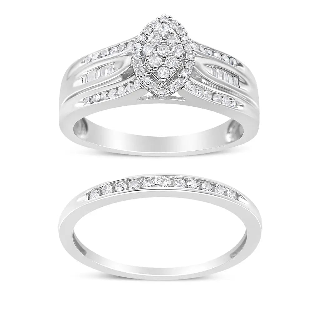 .925 Sterling Silver 1/2 Cttw Round and Baguette-cut Diamond Engagement Bridal Set (i-j Color I1-i2 Clarity) - Fine