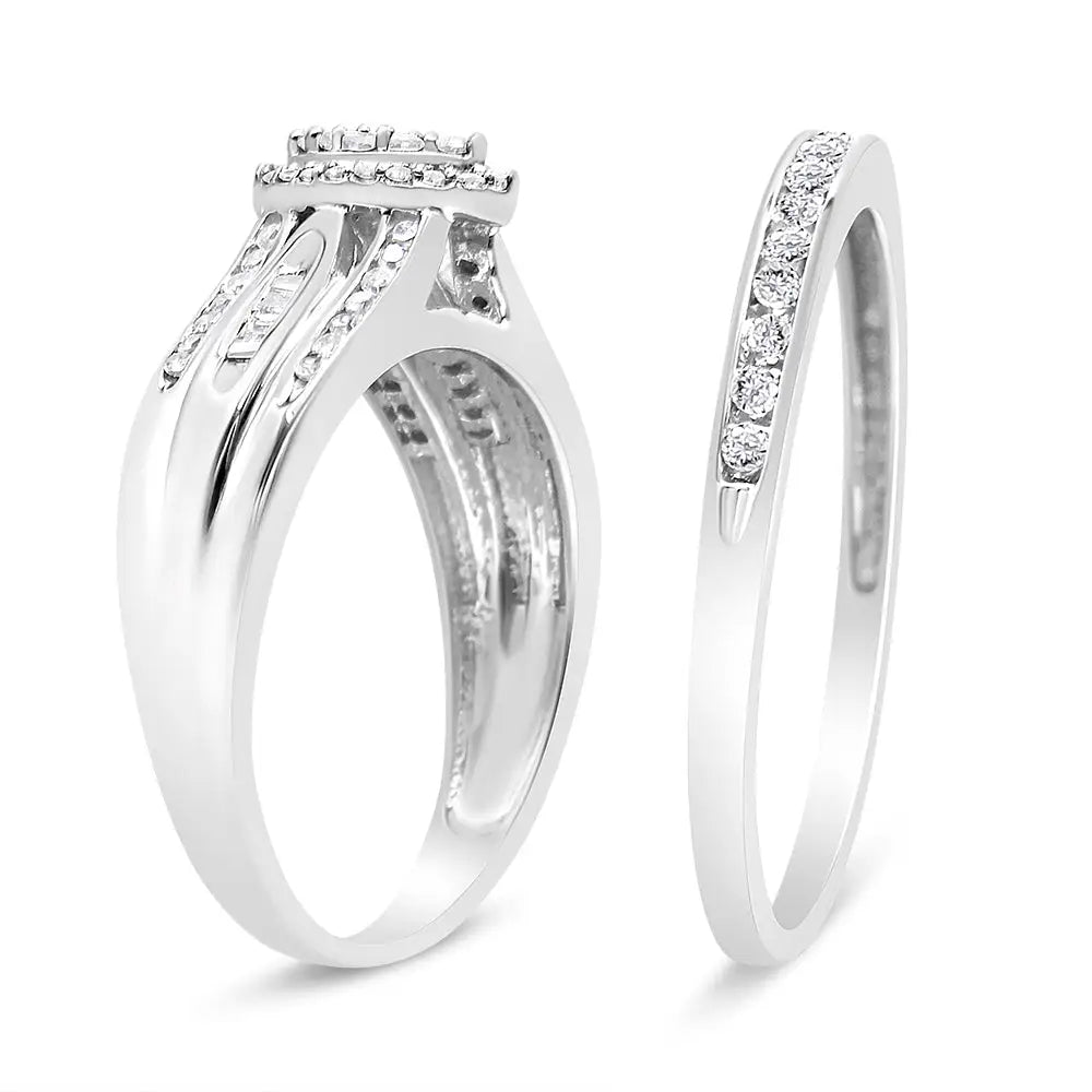 .925 Sterling Silver 1/2 Cttw Round and Baguette-cut Diamond Engagement Bridal Set (i-j Color I1-i2 Clarity) - Fine