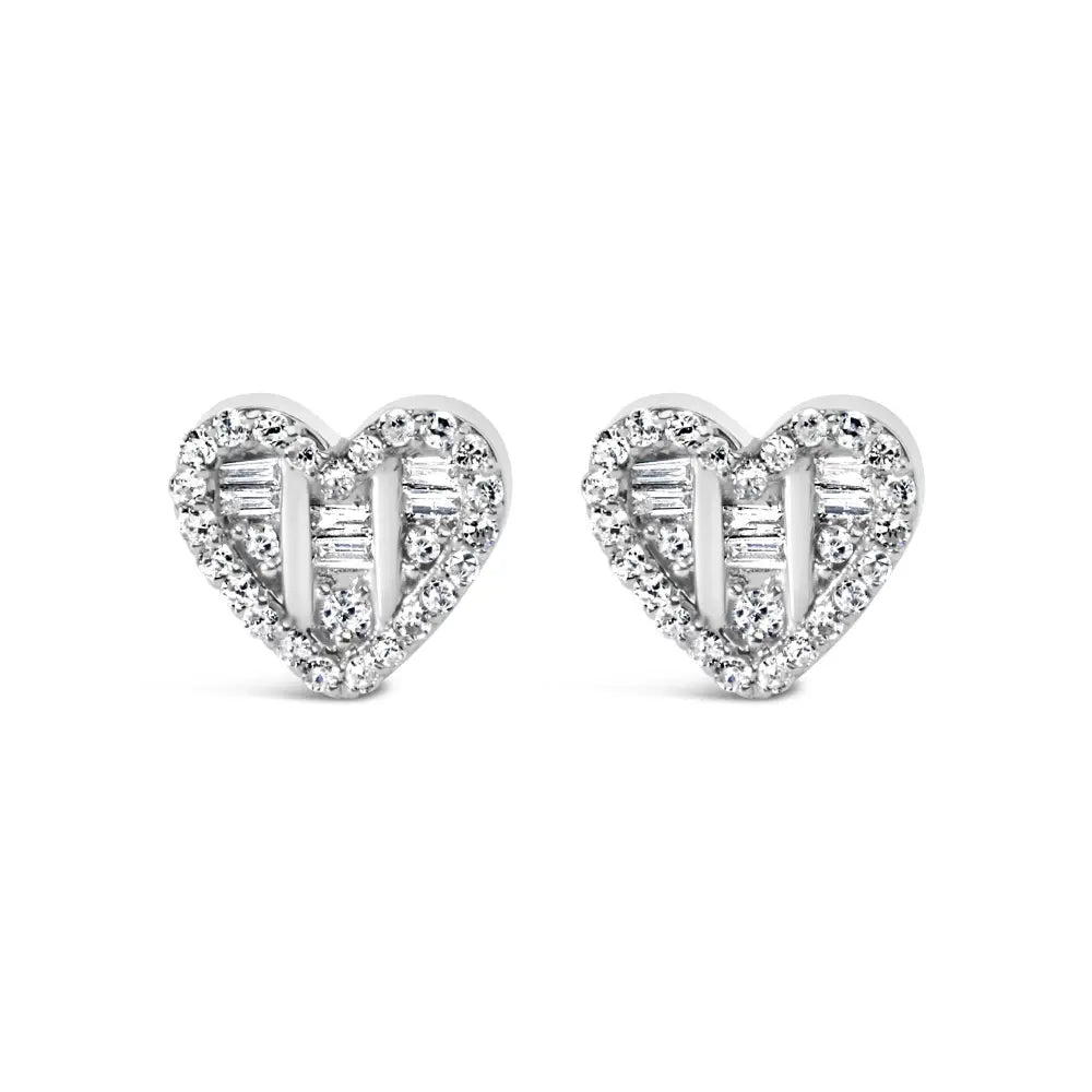 .925 Sterling Silver 1/2 Cttw Round and Baguette Diamond Composite Heart Shaped Stud Earring (i-j Color Si2-i1 Clarity)