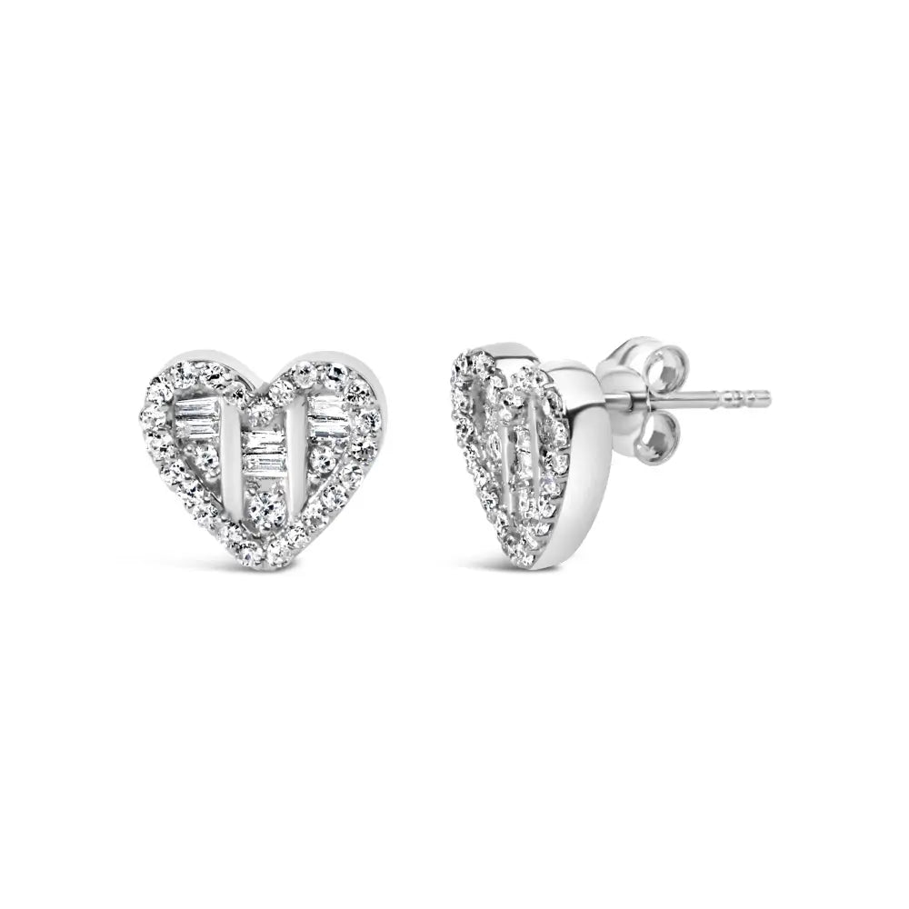 .925 Sterling Silver 1/2 Cttw Round and Baguette Diamond Composite Heart Shaped Stud Earring (i-j Color Si2-i1 Clarity)