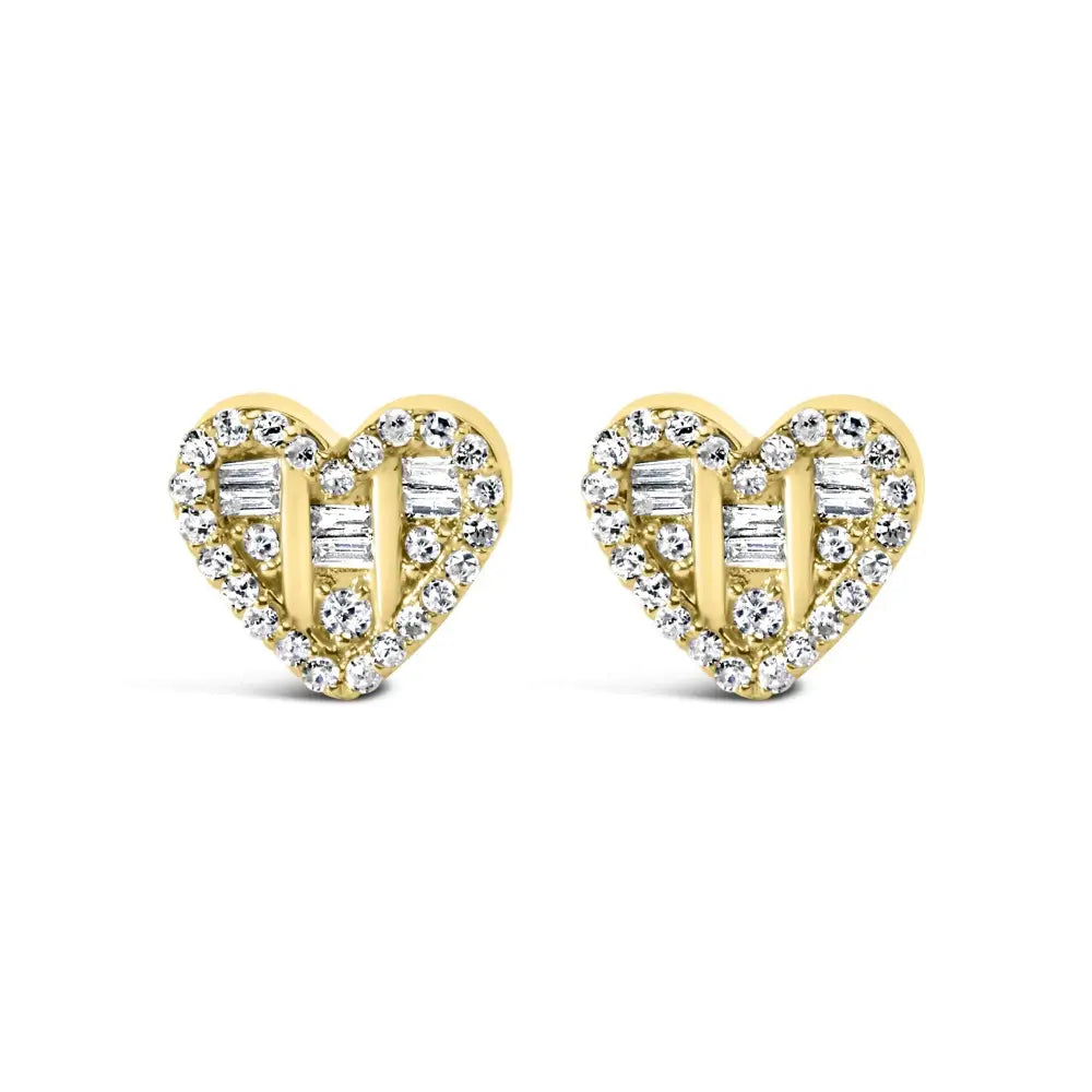 .925 Sterling Silver 1/2 Cttw Round and Baguette Diamond Composite Heart Shaped Stud Earring (i-j Color Si2-i1 Clarity)