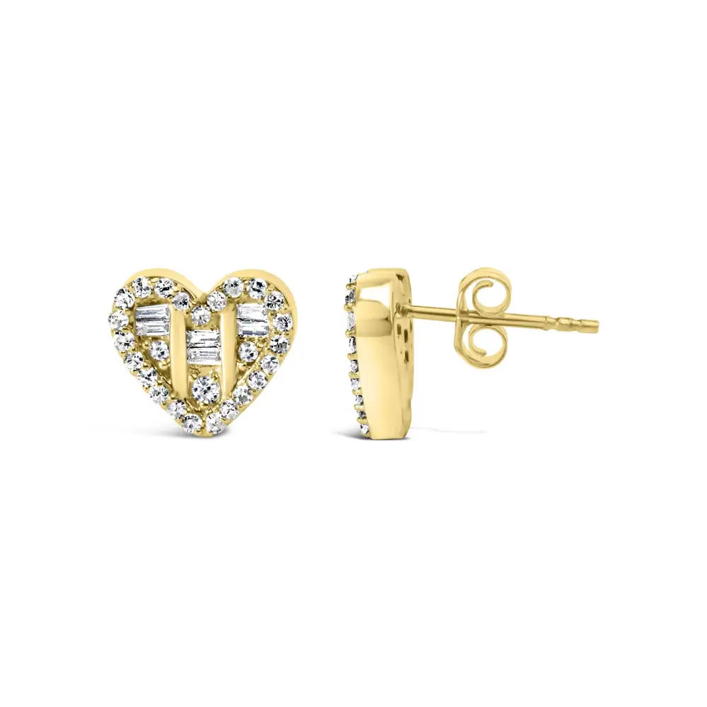 .925 Sterling Silver 1/2 Cttw Round and Baguette Diamond Composite Heart Shaped Stud Earring (i-j Color Si2-i1 Clarity)