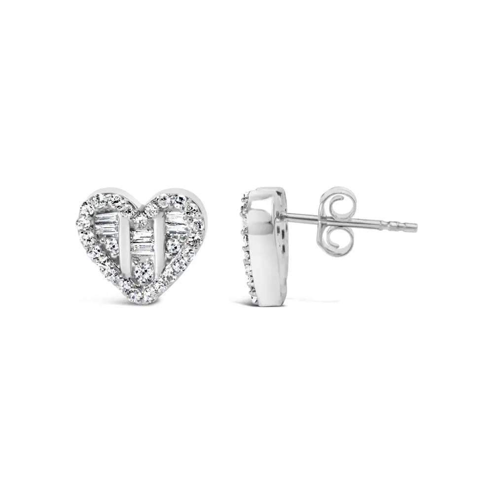 .925 Sterling Silver 1/2 Cttw Round and Baguette Diamond Composite Heart Shaped Stud Earring (i-j Color Si2-i1 Clarity)