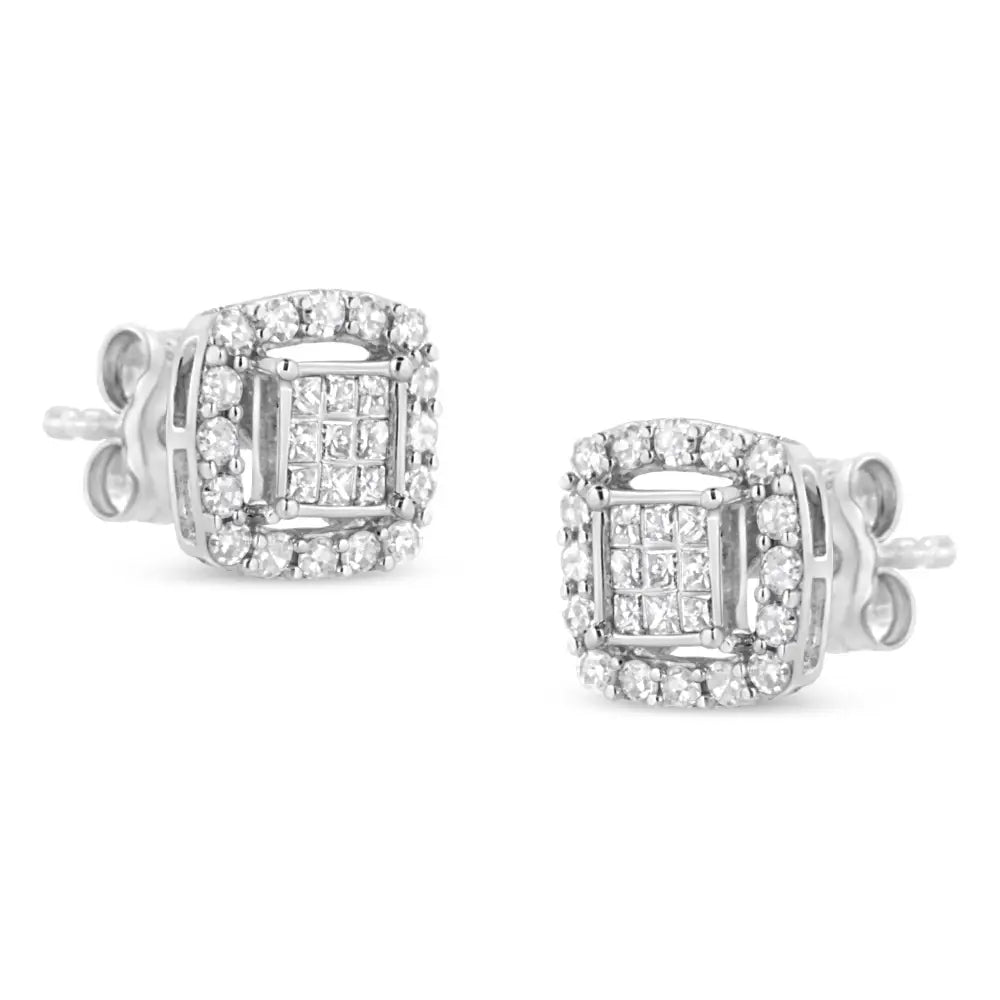 .925 Sterling Silver 1/2 Cttw Round and Princess-cut Diamond Stud Earrings (i-j Color I1-i2 Clarity) - Fine Jewelry