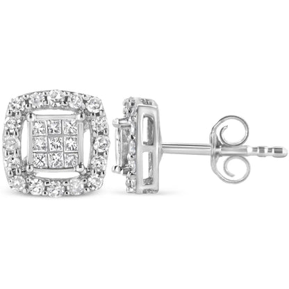 .925 Sterling Silver 1/2 Cttw Round and Princess-cut Diamond Stud Earrings (i-j Color I1-i2 Clarity) - Fine Jewelry