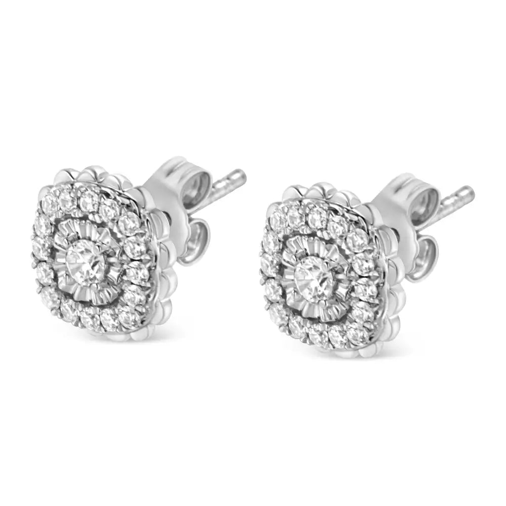 .925 Sterling Silver 1/2 Cttw Round-cut Diamond Halo Cluster Stud Earring (i-j Color I2-i3 Clarity) - Fine Jewelry