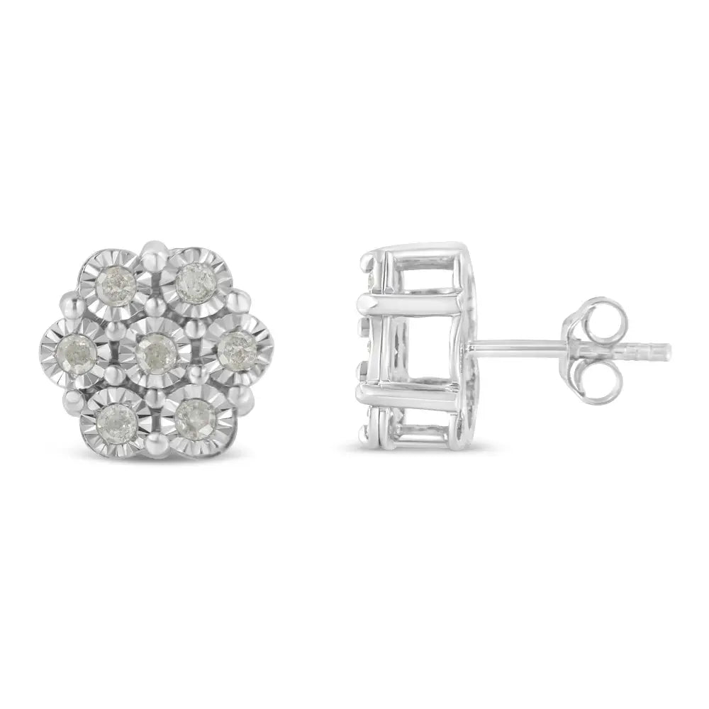 .925 Sterling Silver 1/2 Cttw Round-cut Diamond Miracle-set Floral Cluster Button Stud Earrings (i-j Color I2-i3