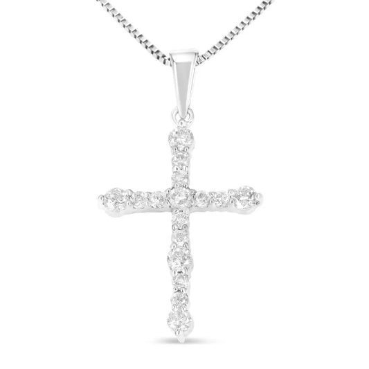 .925 Sterling Silver 1/2 Cttw Round Diamond Cross Pendant 18’’ Necklace (i-j Color I1-i2 Clarity) - Fine Jewelry