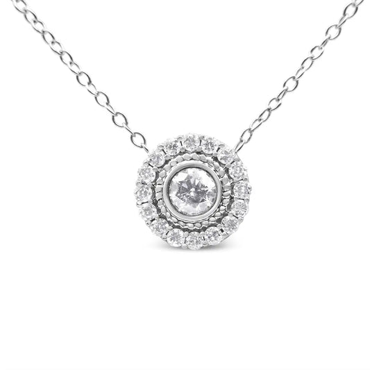 .925 Sterling Silver 1/2 Cttw Round Diamond Halo Circle Pendant 18’’ Necklace (i-j Color I2-i3 Clarity) - Fine