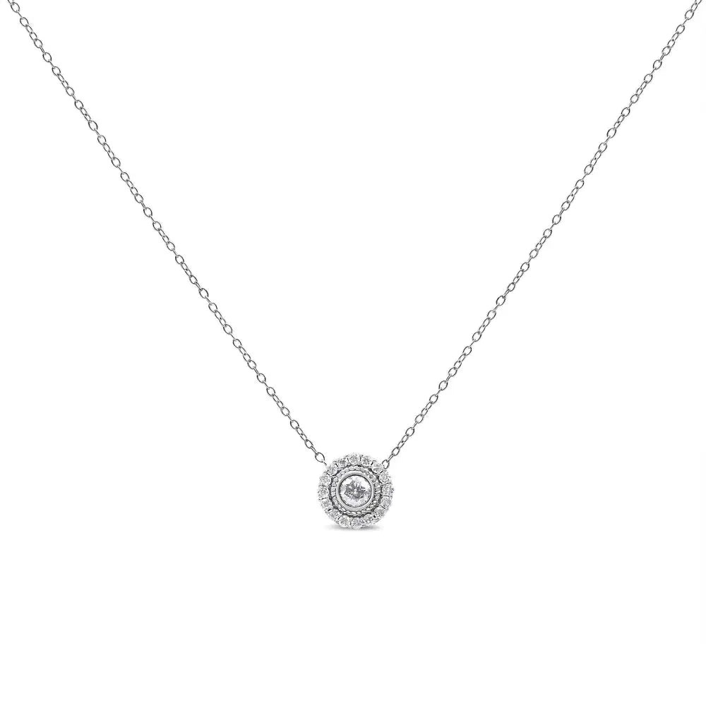 .925 Sterling Silver 1/2 Cttw Round Diamond Halo Circle Pendant 18’’ Necklace (i-j Color I2-i3 Clarity) - Fine