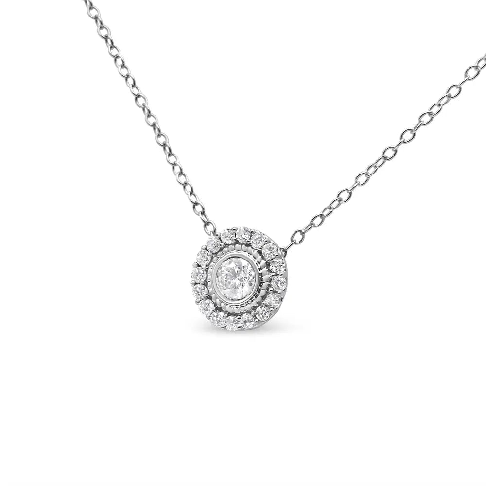 .925 Sterling Silver 1/2 Cttw Round Diamond Halo Circle Pendant 18’’ Necklace (i-j Color I2-i3 Clarity) - Fine