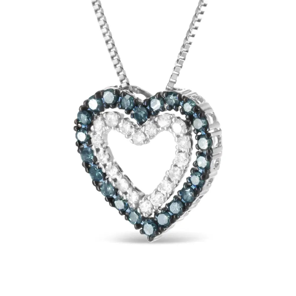 .925 Sterling Silver 1/2 Cttw Treated Blue and White Diamond Double Heart 18’’ Pendant Necklace (blue/i-j Color