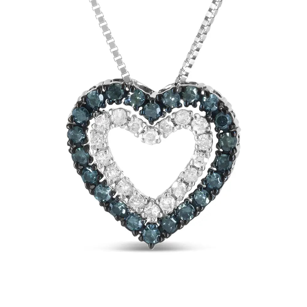 .925 Sterling Silver 1/2 Cttw Treated Blue and White Diamond Double Heart 18’’ Pendant Necklace (blue/i-j Color