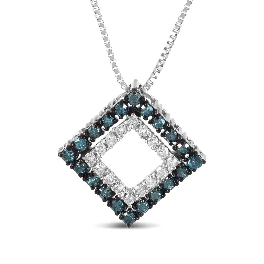 .925 Sterling Silver 1/2 Cttw Treated Blue and White Diamond Double Rhombus 18’’ Pendant Necklace (blue/i-j Color