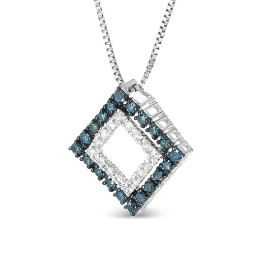 .925 Sterling Silver 1/2 Cttw Treated Blue and White Diamond Double Rhombus 18’’ Pendant Necklace (blue/i-j Color