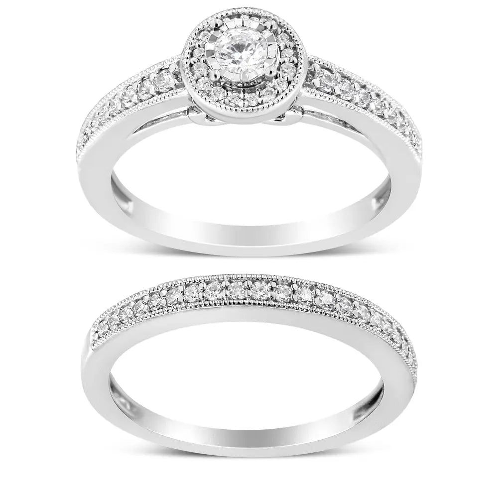 .925 Sterling Silver 1/2 Ctw Diamond Halo and Milgrain Engagement Ring Bridal Set (i-j Color I3 Clarity) - Fine Jewelry