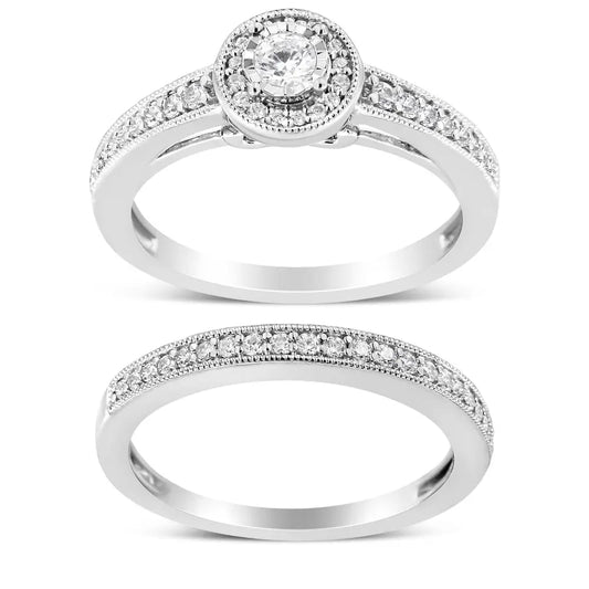 .925 Sterling Silver 1/2 Ctw Diamond Halo and Milgrain Engagement Ring Bridal Set (i-j Color I3 Clarity) - Fine Jewelry