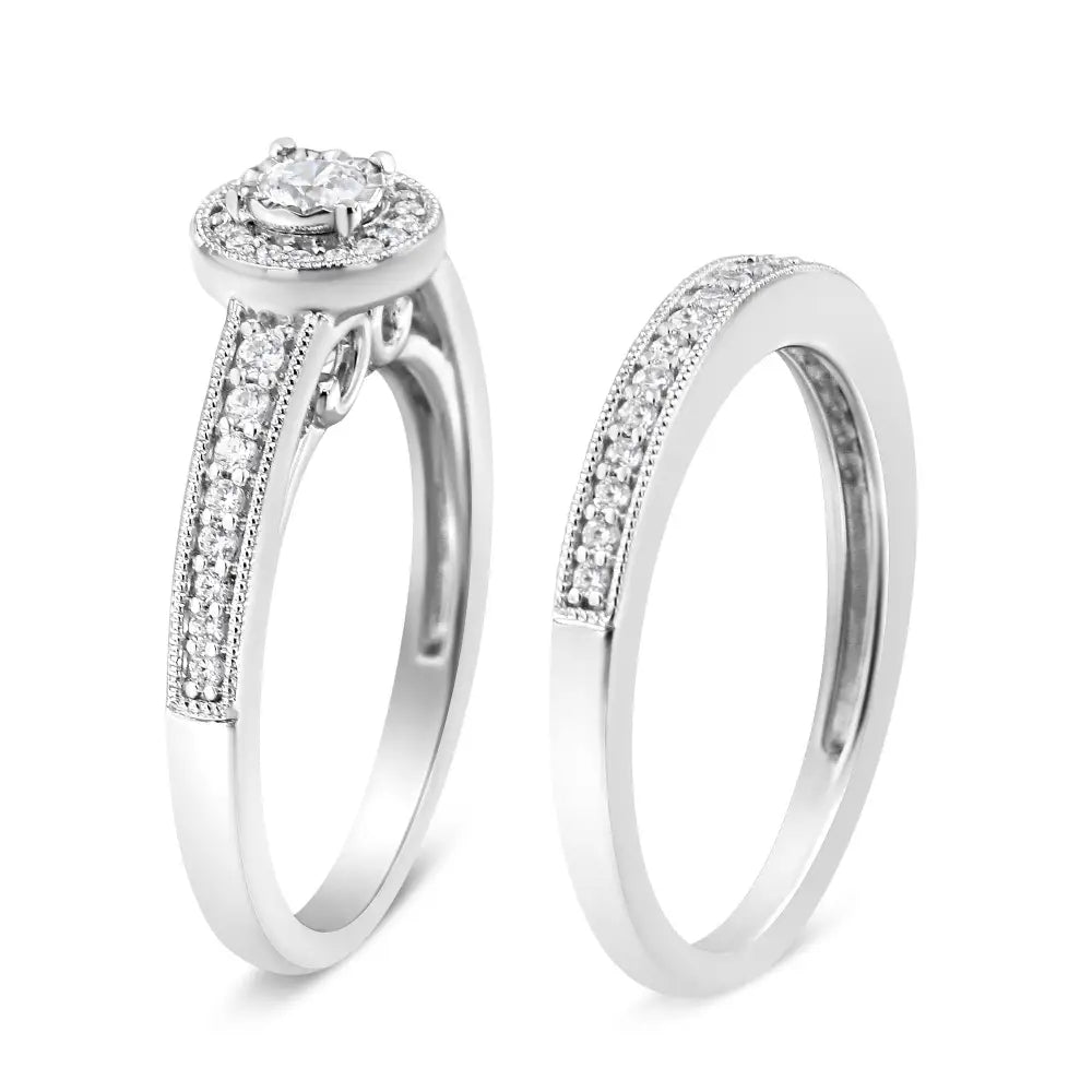 .925 Sterling Silver 1/2 Ctw Diamond Halo and Milgrain Engagement Ring Bridal Set (i-j Color I3 Clarity) - Fine Jewelry