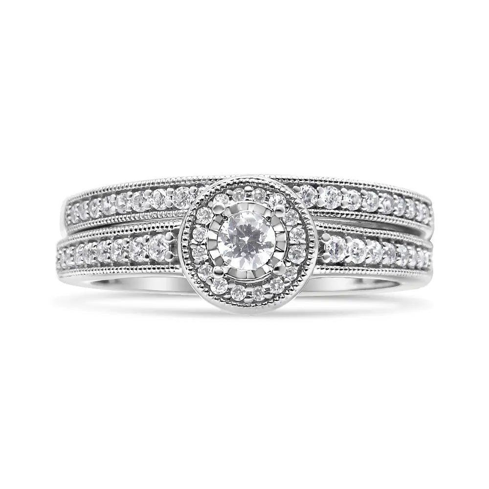 .925 Sterling Silver 1/2 Ctw Diamond Halo and Milgrain Engagement Ring Bridal Set (i-j Color I3 Clarity) - Fine Jewelry