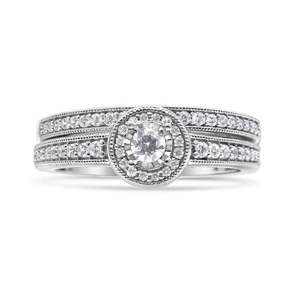 .925 Sterling Silver 1/2 Ctw Diamond Halo and Milgrain Engagement Ring Bridal Set (i-j Color I3 Clarity) - Fine Jewelry