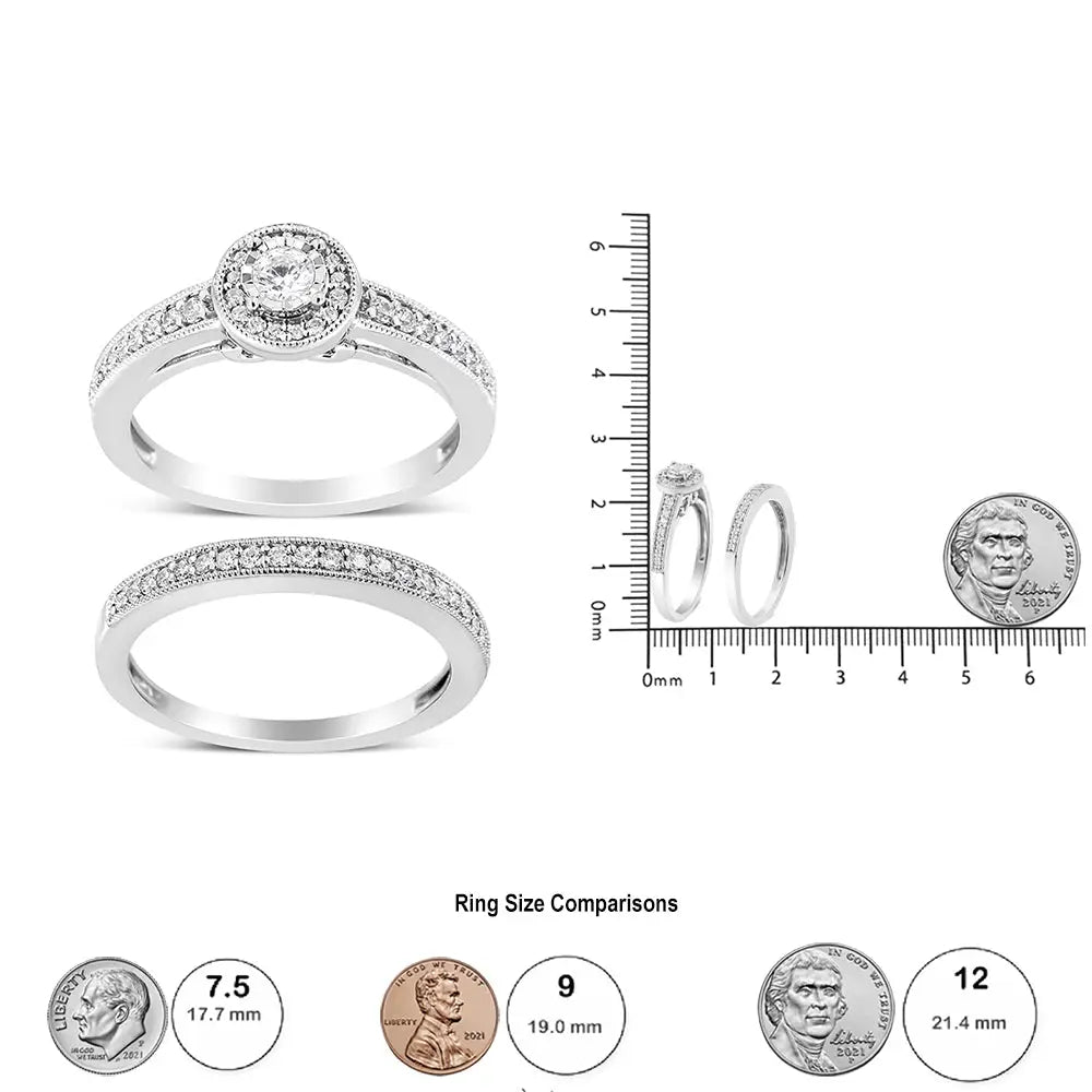 .925 Sterling Silver 1/2 Ctw Diamond Halo and Milgrain Engagement Ring Bridal Set (i-j Color I3 Clarity) - Fine Jewelry