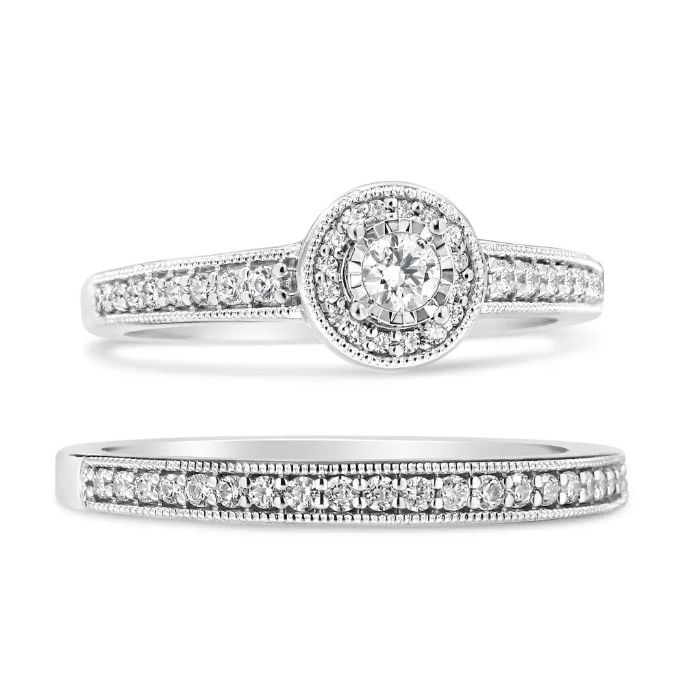 .925 Sterling Silver 1/2 Ctw Diamond Halo and Milgrain Engagement Ring Bridal Set (i-j Color I3 Clarity) - Fine Jewelry