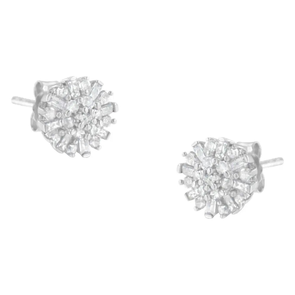 .925 Sterling Silver 1/2 Round and Baguette Diamond Sunburst Floral Cluster Stud Earrings (i-j Color I3 Clarity) - Fine