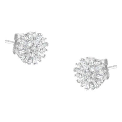 .925 Sterling Silver 1/2 Round and Baguette Diamond Sunburst Floral Cluster Stud Earrings (i-j Color I3 Clarity) - Fine