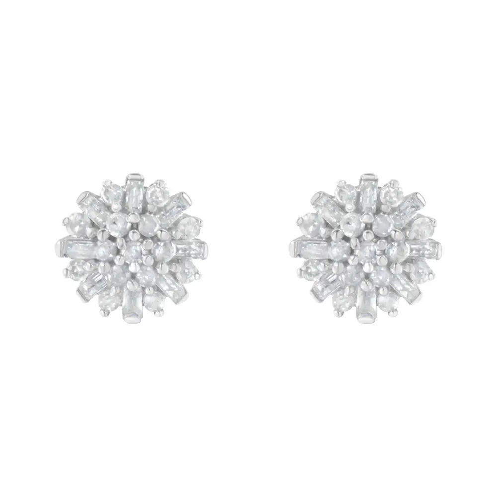 .925 Sterling Silver 1/2 Round and Baguette Diamond Sunburst Floral Cluster Stud Earrings (i-j Color I3 Clarity) - Fine